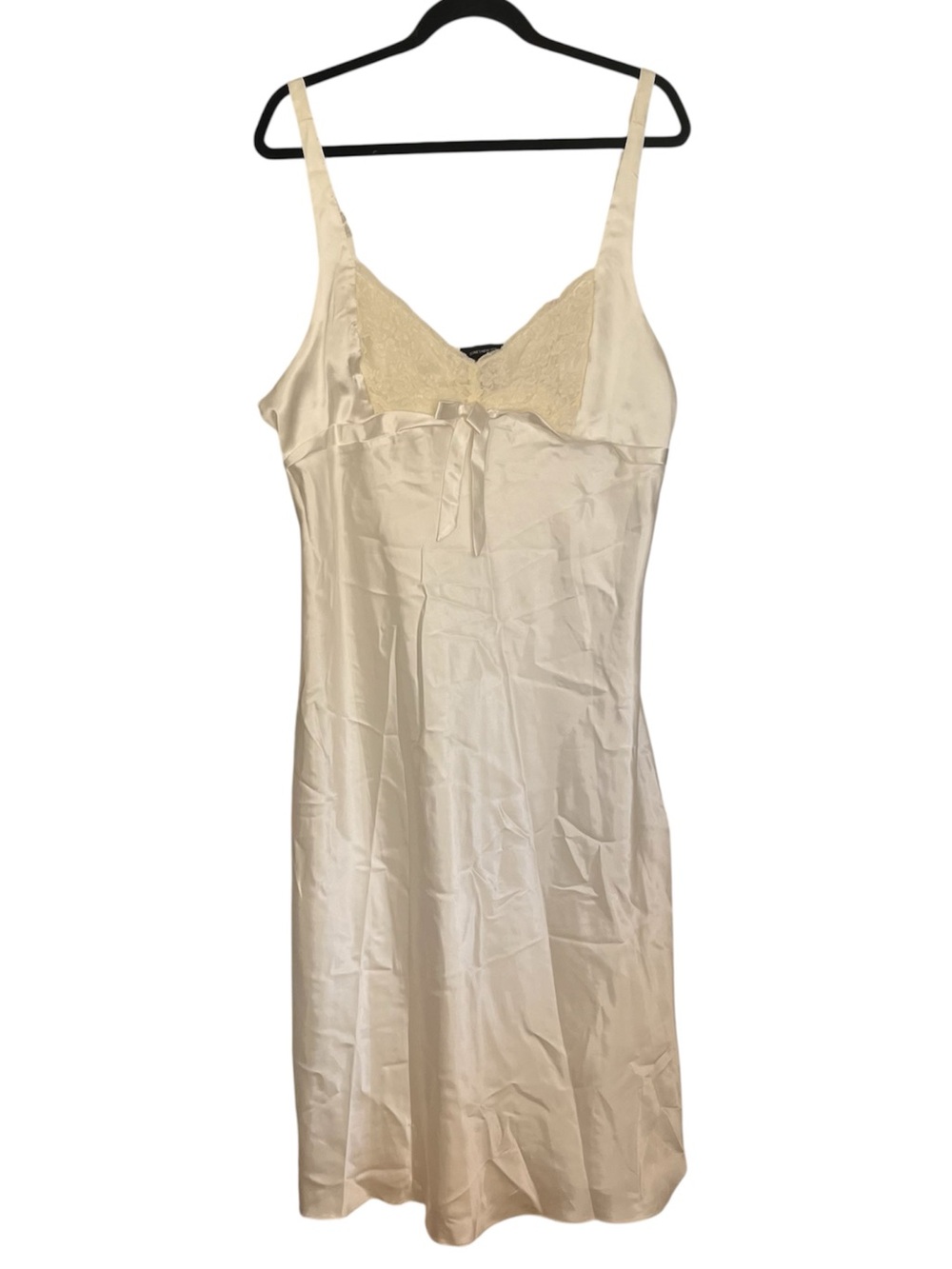 Off White Long Satin Slip Dress with Lace Trim